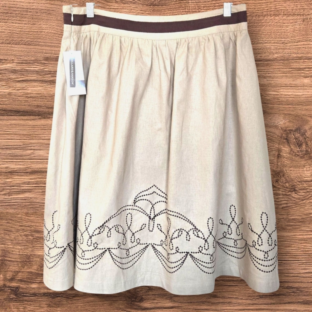 Linen Peasant Skirt Beige w Brown Embroidery Knee Length / Sz 12 - Picture 4 of 11